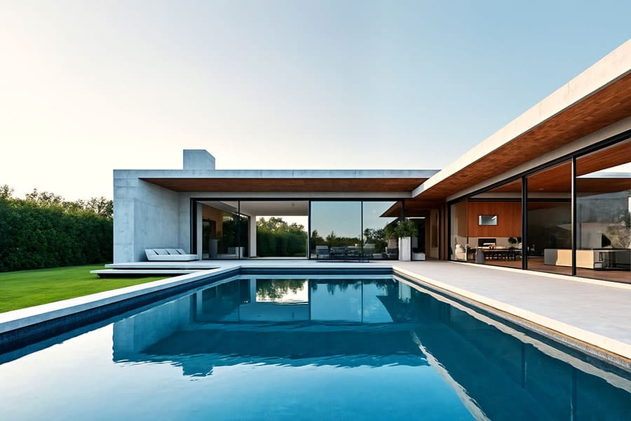 na moderna piscina interrata 8x4 metri con rivestimento interno azzurro e bordo in pietra, immersa nel verde di un giardino residenziale.