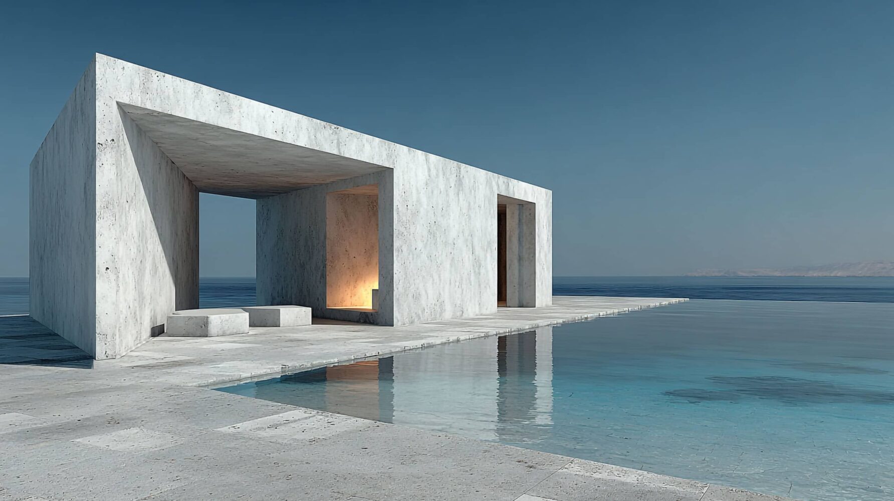 Piscina moderna in cemento armato ristrutturata con bordo a sfioro e struttura architettonica minimale