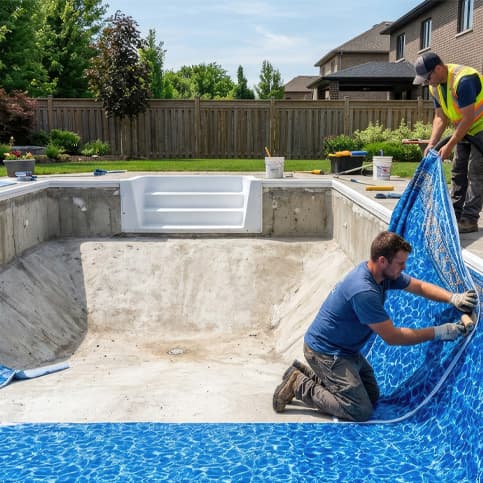 Due tecnici specializzati durante la posa e la sostituzione del rivestimento in liner blu di una piscina interrata in giardino.