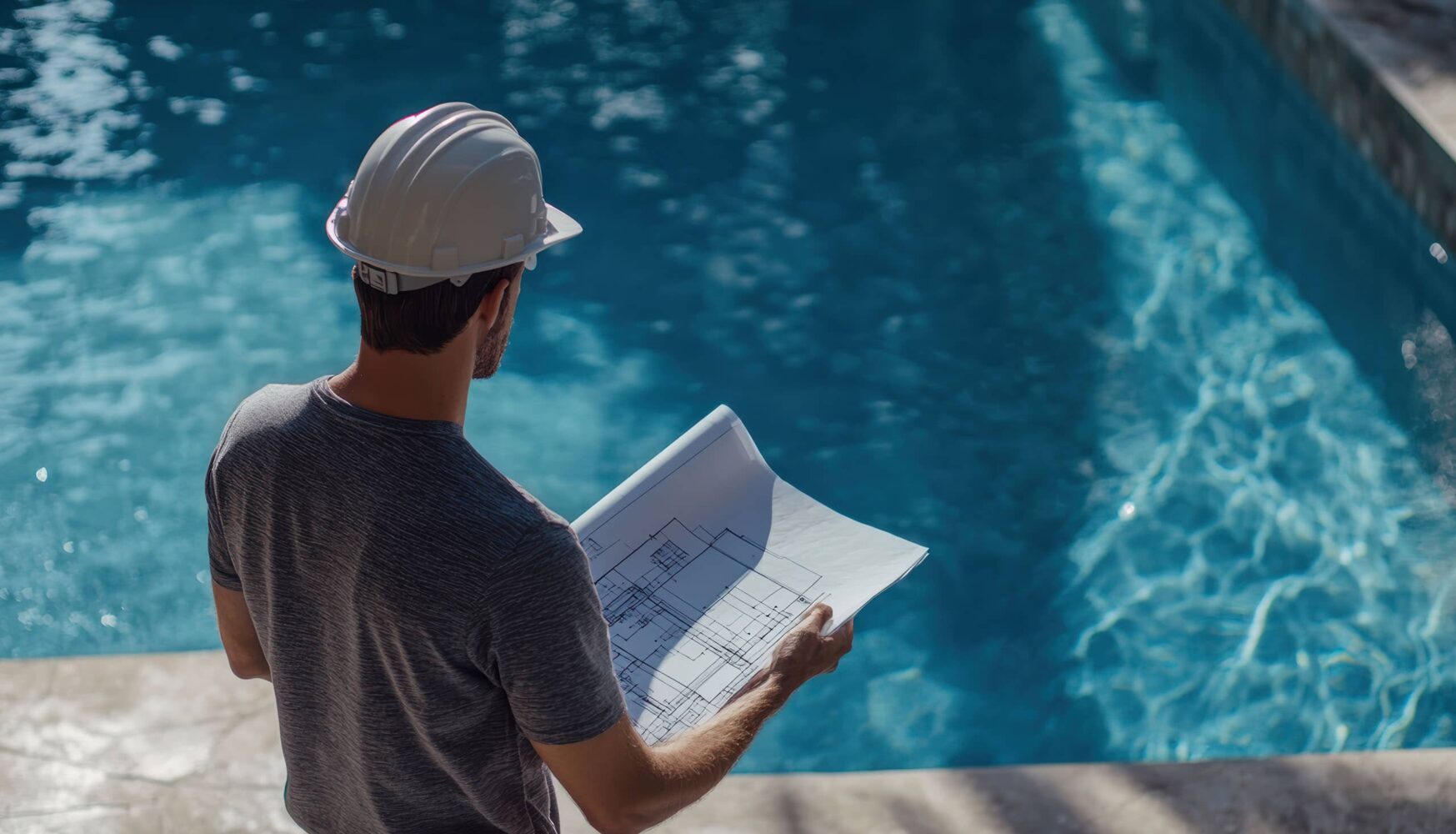 Ingegnere con elmetto protettivo che esamina il progetto cartaceo durante il sopralluogo al bordo di una piscina interrata.